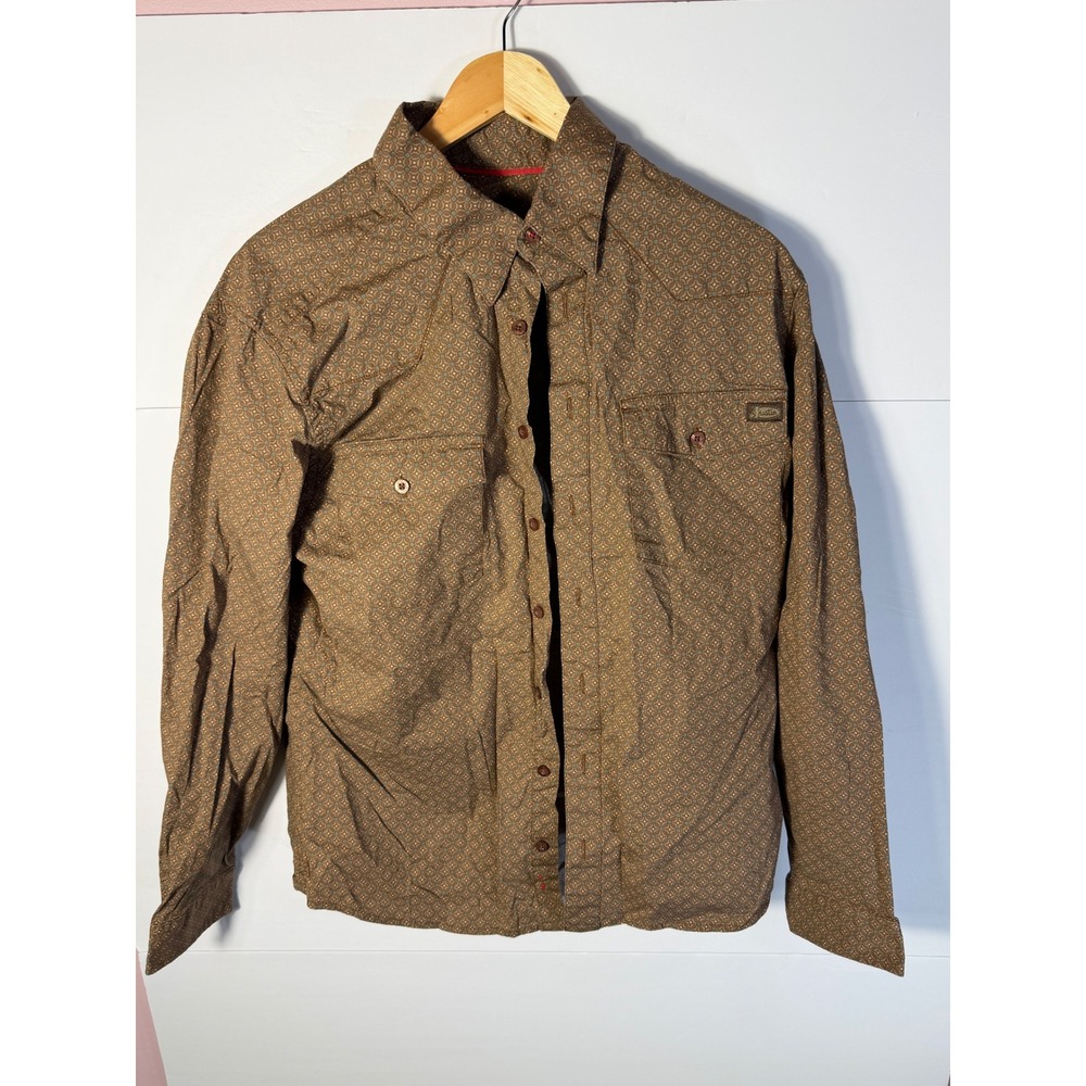 Justin Mens Western Button Down Shirt Brown Geometric Diamond Print Large L